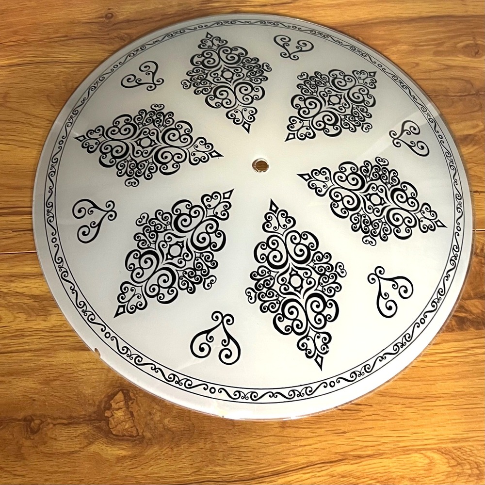 Vintage Ceiling Light Shade 16" White Black Damask Scroll Frosted Glass Dome MCM